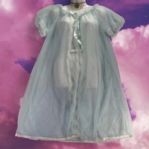 1950s Radcliffe Nightgown Robe Slip Chiffon Lace Satin Peignor Blue Nighty Sz M